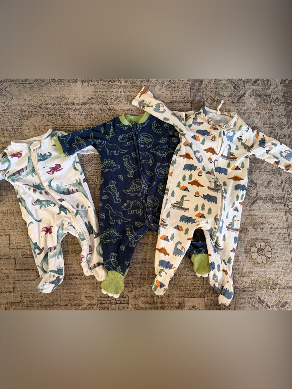 3-Pack Baby Footed Sleepers - Dinosaur Prints in Navy, White, Green